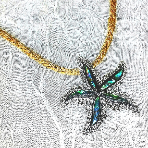Bunny Style Jewelry - Necklace Abalone Starfish Pendant Silver macrame 16" adjustable NEW